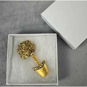 Gold Tone Topiary Potted Flower Bush Brooch Pin Bijoux France